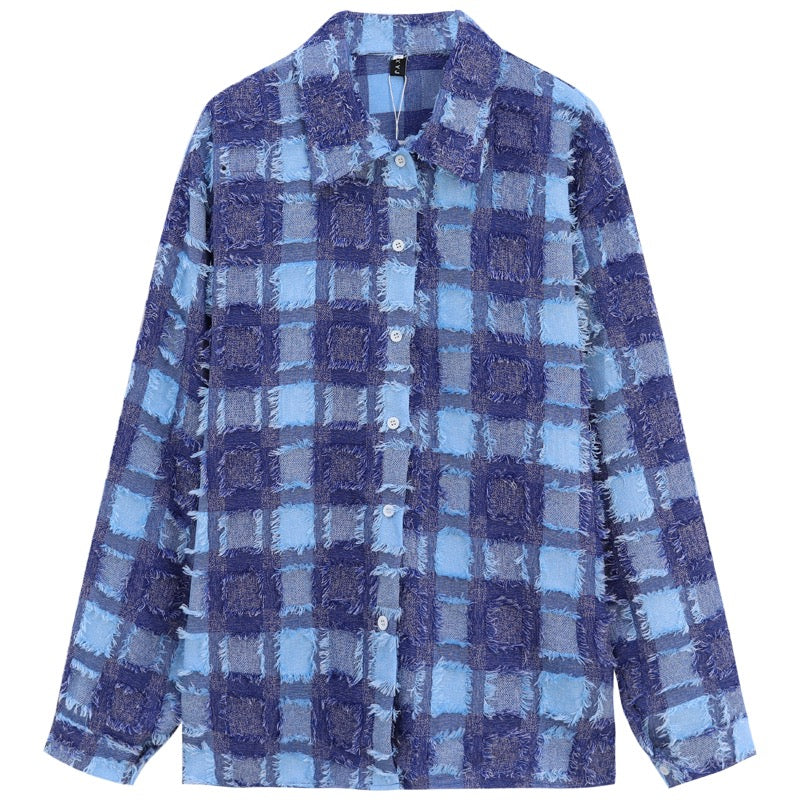 Retro chic blue plaid tassel long-sleeved shirt women's spring 2023 new mid-length loose top ins