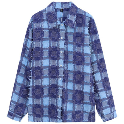 Retro chic blue plaid tassel long-sleeved shirt women's spring 2023 new mid-length loose top ins