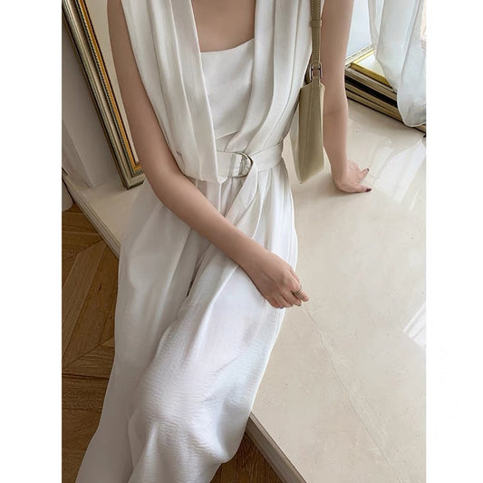 mona summer solid color waist vertical pleated sleeveless elegant mid-length skirt temperament dress female