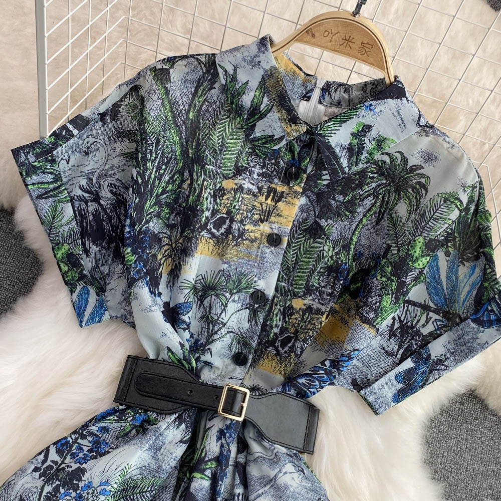 Summer light and familiar style lapel waist slimming single-breasted ink painting printed a-line dress elegant big swing long skirt