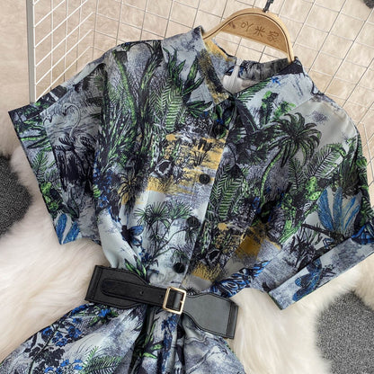 Summer light and familiar style lapel waist slimming single-breasted ink painting printed a-line dress elegant big swing long skirt