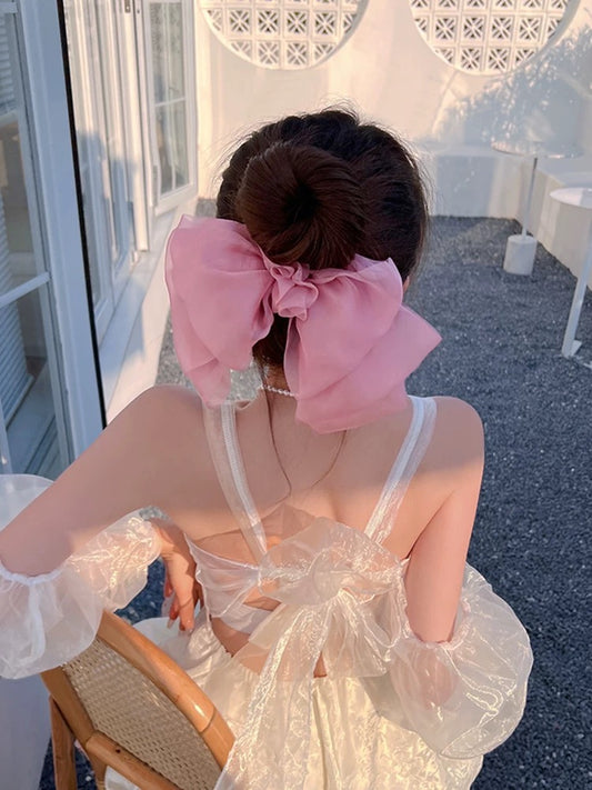 Super fairy big bow chiffon spring clip hairpin female 2022 new temperament back head hair accessories summer headdress