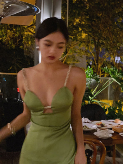 Green sparkling tube top skirt hollow sexy French birthday dress skirt female suspender dress usually wearable