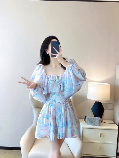 French Floral Dress 2023 Spring New Women's Wear Temperament Ladies Waist Slim Retro Square Neck Chiffon Skirt 2016