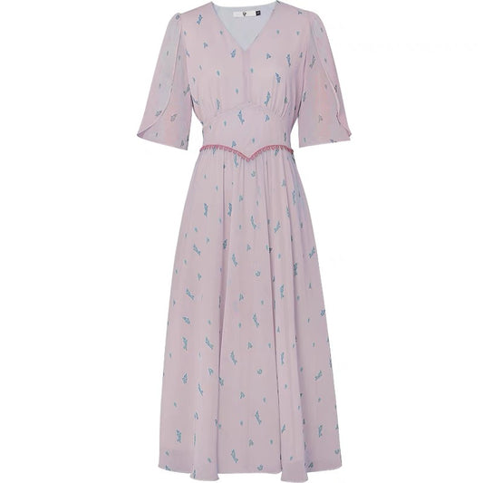 2022 summer dress new fashion retro V-neck petal sleeve printed chiffon dress palace style A swing umbrella skirt