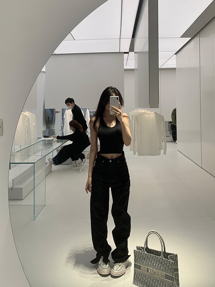 Doudoujiang chic [handsome ex-boyfriend] straight jeans women's autumn and winter new loose retro slit pants tide