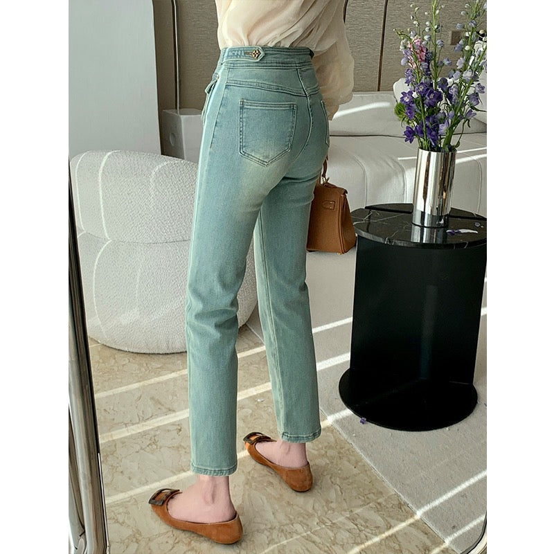 MUKOK retro blue nine-point jeans women's 2023 spring new small slim tall waist straight cigarette pipe pants
