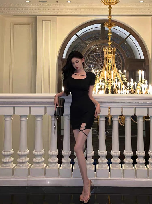 Sexy black bag hip dress female summer cold department hot girl pure desire bandage split for thin temperament small black dress 5643