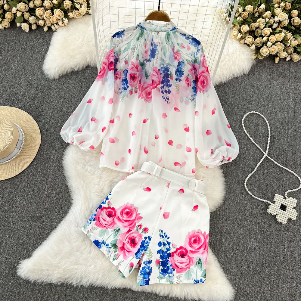Fashion suit female celebrity temperament bow tie loose printed shirt two-piece set high waist wide leg shorts autumn