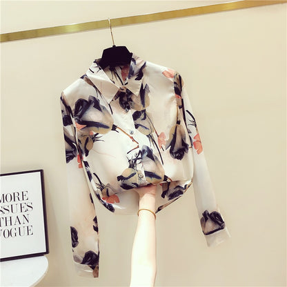 Long-sleeved shirt women 2022 early autumn new retro design sense niche printed chiffon shirt women's fashion tops