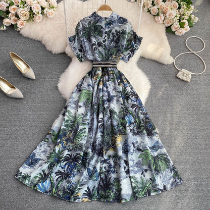 Summer light and familiar style lapel waist slimming single-breasted ink painting printed a-line dress elegant big swing long skirt