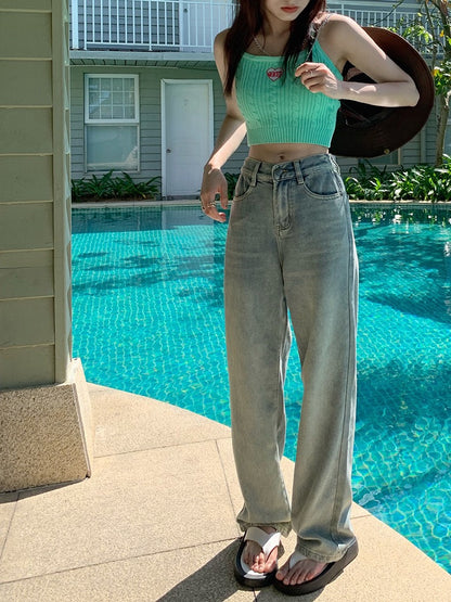 Light-colored jeans women's summer new Hong Kong style retro loose straight trousers high waist slim wide leg mopping pants