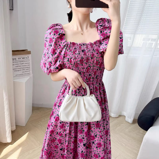 2022 new women's summer square collar floral puff sleeve dress women waist slim temperament French A-line dress