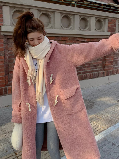 Pink lamb wool coat women's winter thickened long knee-length 2022 new milk fufu hooded niche cotton-padded clothes tide