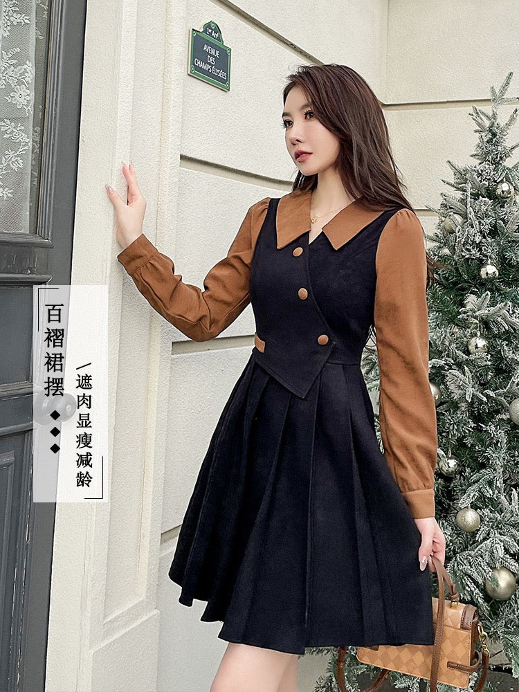 Pleated skirt 2022 new women's autumn and winter coffee color stitching lapel fake two pieces retro French daughter dress