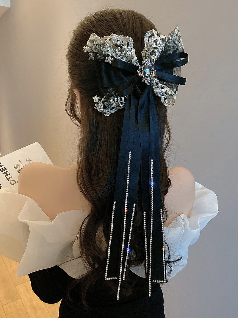 South Korea's Dongdaemun flash diamond tassel bow hair clip female back head spring clip headdress 2022 new hair accessories