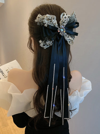 South Korea's Dongdaemun flash diamond tassel bow hair clip female back head spring clip headdress 2022 new hair accessories