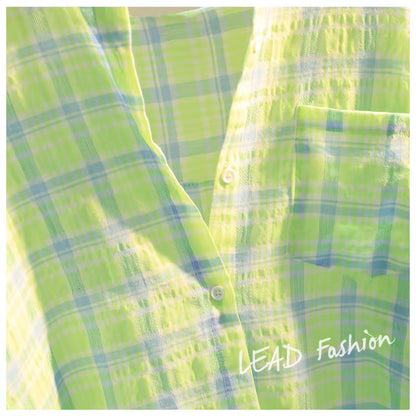 Fruit green single pocket cotton and linen plaid shirt women 2023 spring new Korean style loose casual shirt top tide