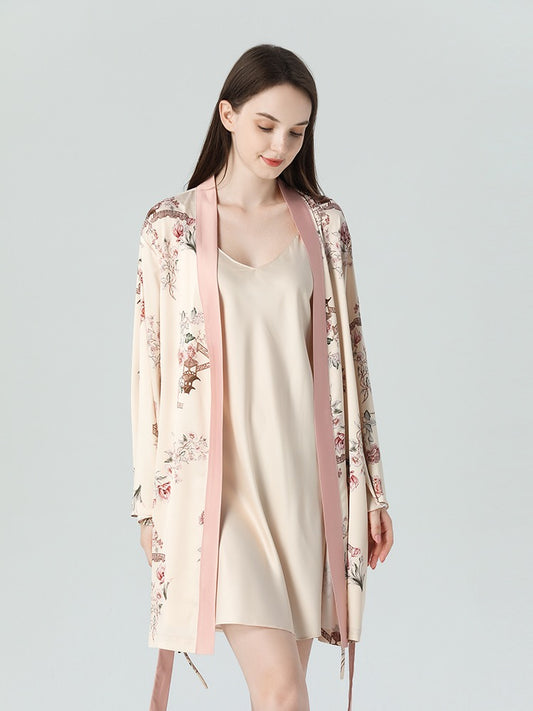 IIZZINI 2023 women's pajamas spring and autumn long-sleeved ice silk Chinese style white magnolia flower trousers home clothes set