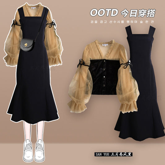 Spring and summer advanced black suspenders fishtail dress 2023 new French ladies puff sleeve shirt suit