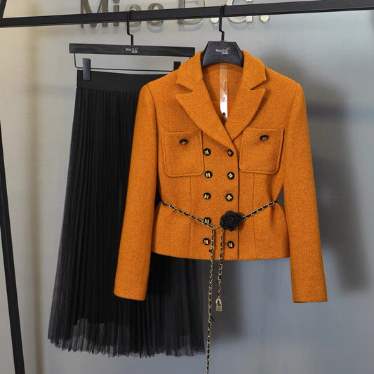Miss DG Xiaoxiangfeng suit autumn temperament ladies short jacket small black skirt slim fit pleated skirt two-piece set 1704