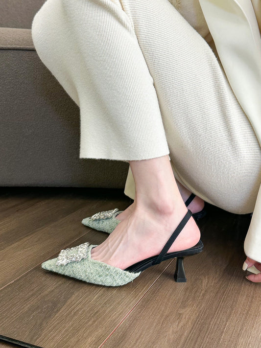 elingstudio high-end small fragrance green square buckle rhinestone sandals women's 2023 pointed toe shallow mouth high heels