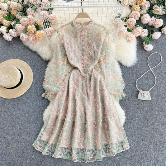 Celebrity Dress 2022 Early Spring Girls Sweet Wood Ear Side Collar Slim Short Heavy Embroidery Lace Skirt Trendy