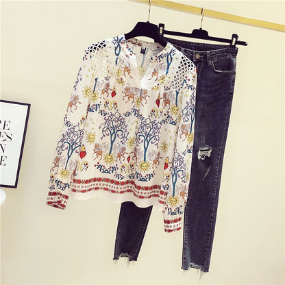 2022 early autumn new European station fashion floral shirt women's all-match foreign style thin chiffon top small shirt trendy