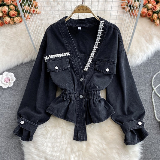 V-neck denim jacket women 2023 autumn and winter new Korean version loose bf fashion all-match beaded waist short top