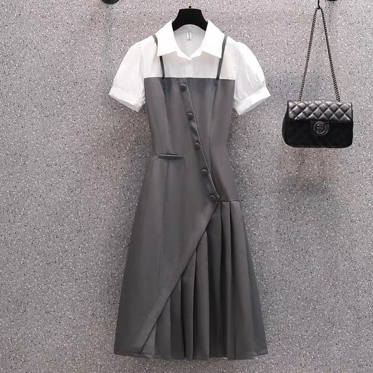 202 summer new large size women's fat MM fake two-piece suspenders short sleeves slim pleated dress women