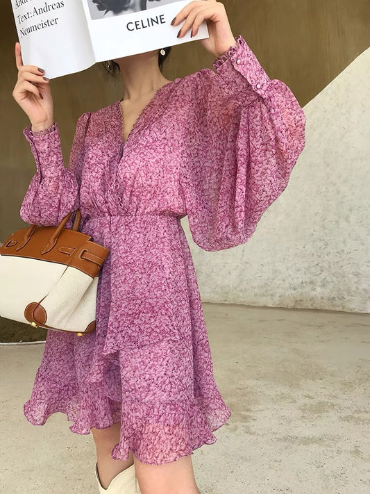 Aconiconi｜French elegant design sense niche dress temperament v-neck chiffon floral dress skirt