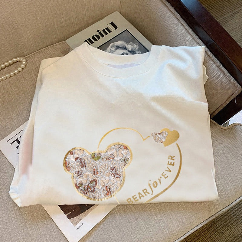 White t-shirt women's short-sleeved summer design feeling niche loose cotton bear love foreign style age-reducing top ins tide
