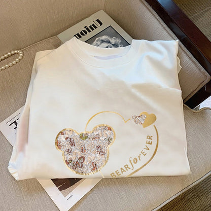 White t-shirt women's short-sleeved summer design feeling niche loose cotton bear love foreign style age-reducing top ins tide