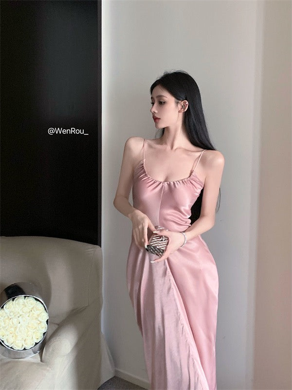 Sweet hot girl suspender dress female spring French pink sexy waist slimming thin a-line mid-length skirt