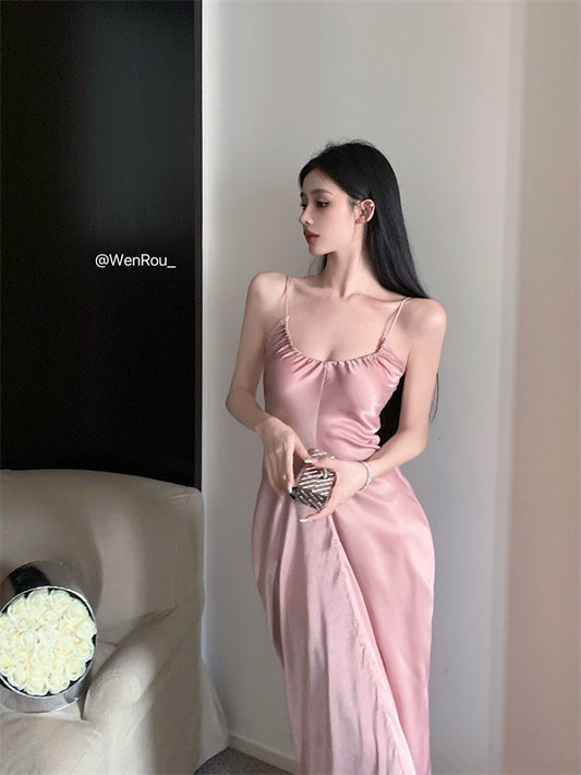 Sweet hot girl suspender dress female spring French pink sexy waist slimming thin a-line mid-length skirt