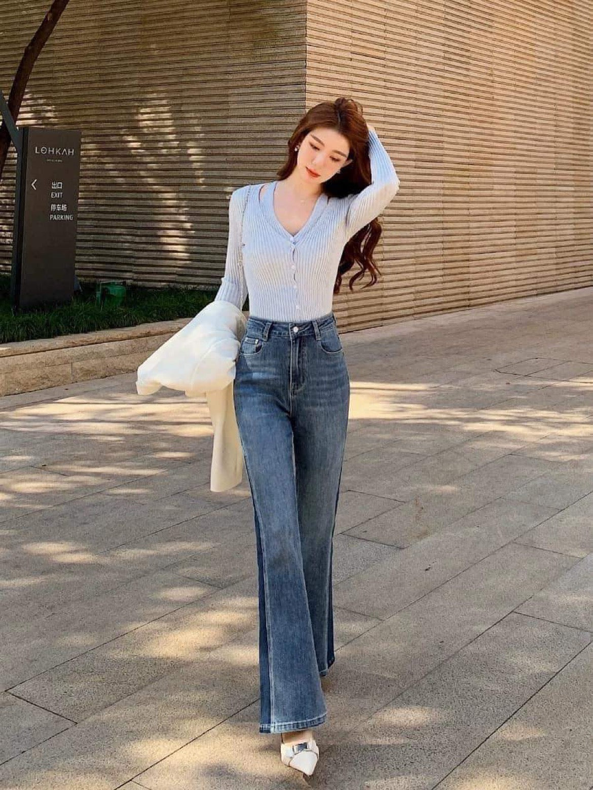 Mrs. Island song flared pants splicing jeans women's spring design sense long pants high waist slimming straight-leg pants