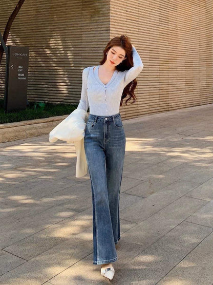 Mrs. Island song flared pants splicing jeans women's spring design sense long pants high waist slimming straight-leg pants