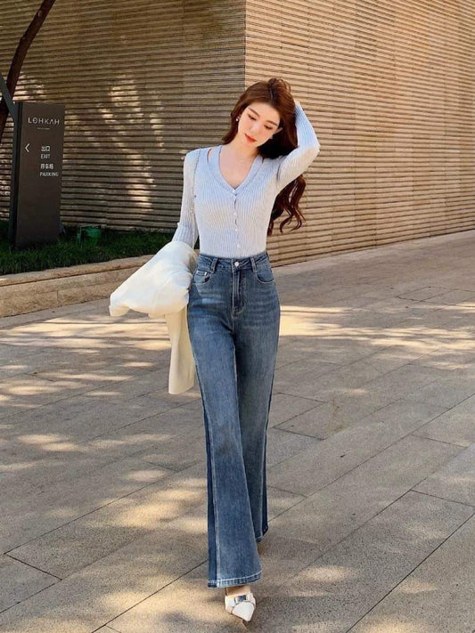 Mrs. Island song flared pants splicing jeans women's spring design sense long pants high waist slimming straight-leg pants