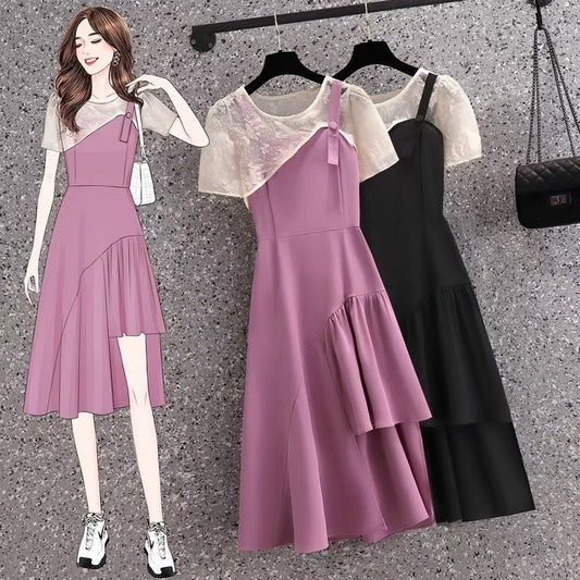 282 large size women's summer new fat MM foreign style is thin and irregular suspenders vest dress two-piece
