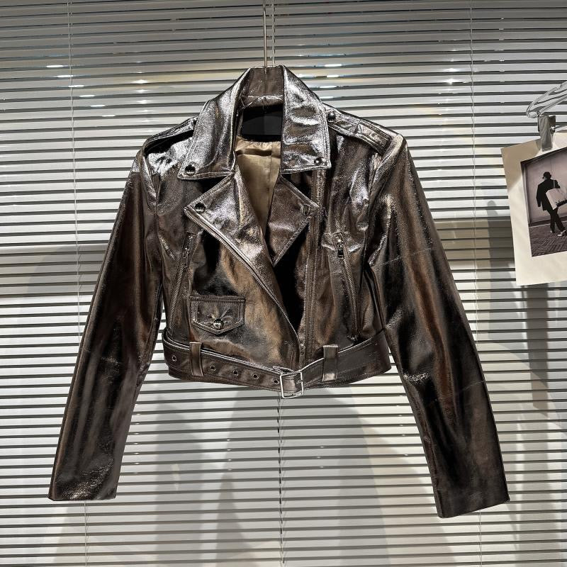 Net red same style 2023 spring new fried street hot girl zipper belt locomotive liquid metal leather jacket jacket