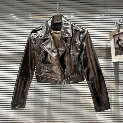 Net red same style 2023 spring new fried street hot girl zipper belt locomotive liquid metal leather jacket jacket