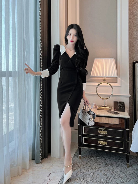 European station 2022 new polo dress autumn puff sleeves retro palace style waist French temperament skirt 1536
