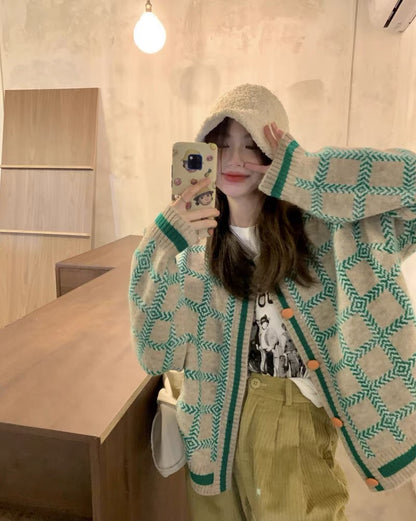 Retro Plaid Long Sleeve Sweater Jacket Women's Fall 2022 New Lazy Wind Loose Japanese Knit Cardigan Top
