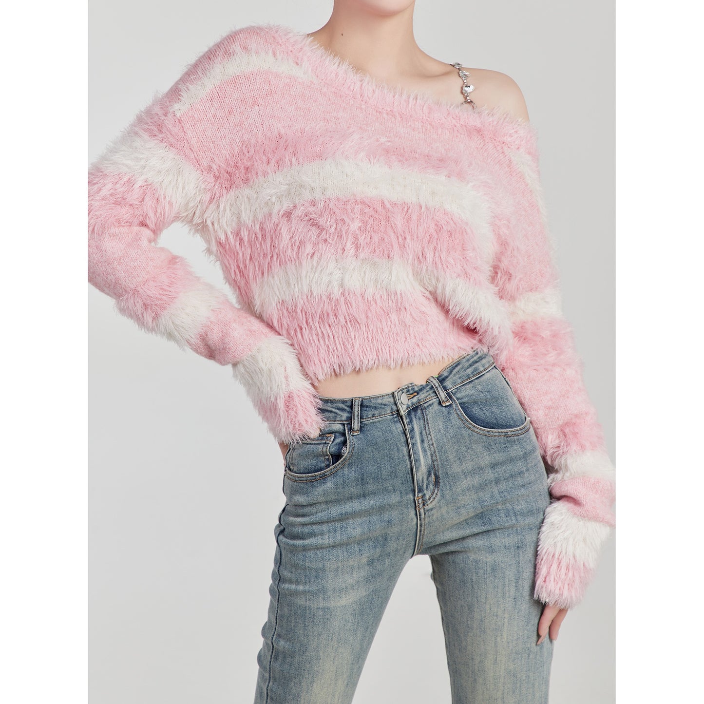 LLL LAB/tea sweater pink sweet sexy sling striped sweater French chic small top winter