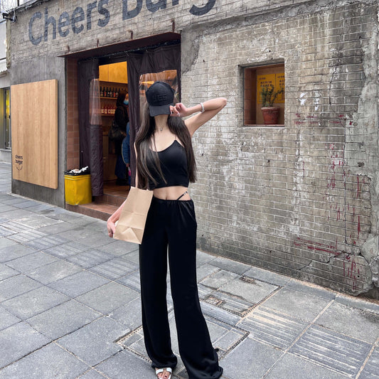 FBB limit spring and summer new glossy 73.6 acetate straight tube drape waist letter diamond strap casual pants