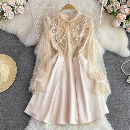Retro court style bubble long-sleeved diamond-studded mesh stitching stand-up collar waist slimming A-line dress dress