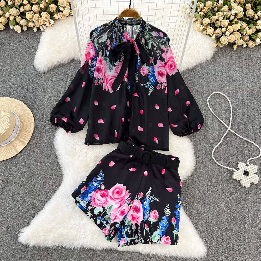 Fashion suit female celebrity temperament bow tie loose printed shirt two-piece set high waist wide leg shorts autumn