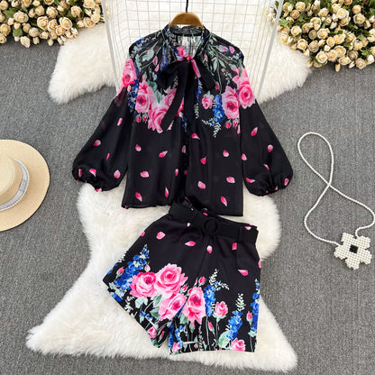 Fashion suit female celebrity temperament bow tie loose printed shirt two-piece set high waist wide leg shorts autumn