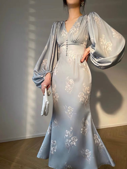 Aconiconi｜Qingshan Kite White French elegant v-neck slim temperament mid-length fishtail dress