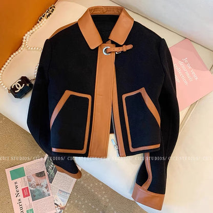 Xiaoxiangfeng contrast color woolen stitching leather jacket women's 2022 autumn and winter new Hong Kong style retro design jacket